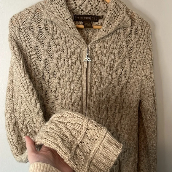Inis Crafts Ireland 100% Merino Wool Cable Knit Zip Up Cardigan Sweater Sz M - Picture 10 of 10